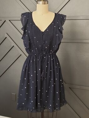 {Abercrombie & Fitch} Navy Polka Dot Tie-Waist Ruffle Dress Size Small
